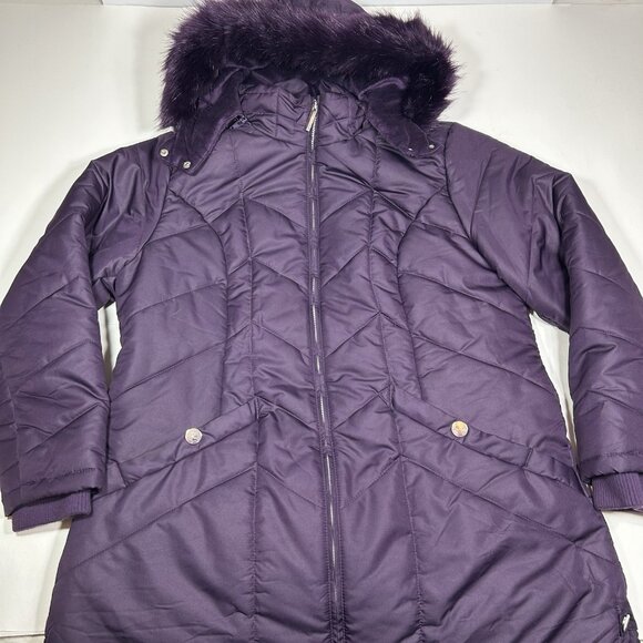 Catherines Women Puffer Jacket Purple Chevron Coat Zip Up Hooded Faux Fur Sz 0X - Picture 3 of 13